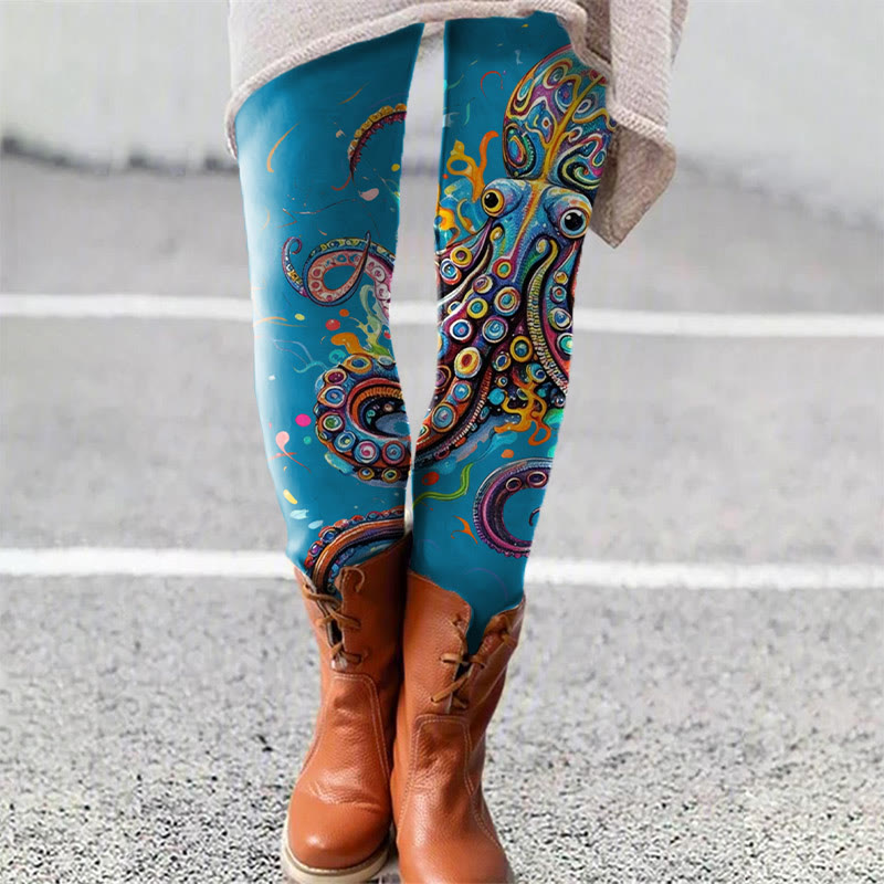 Vintage Rainbow Octopus Art Print Leggings - Lake Blue - 5XL - image 2