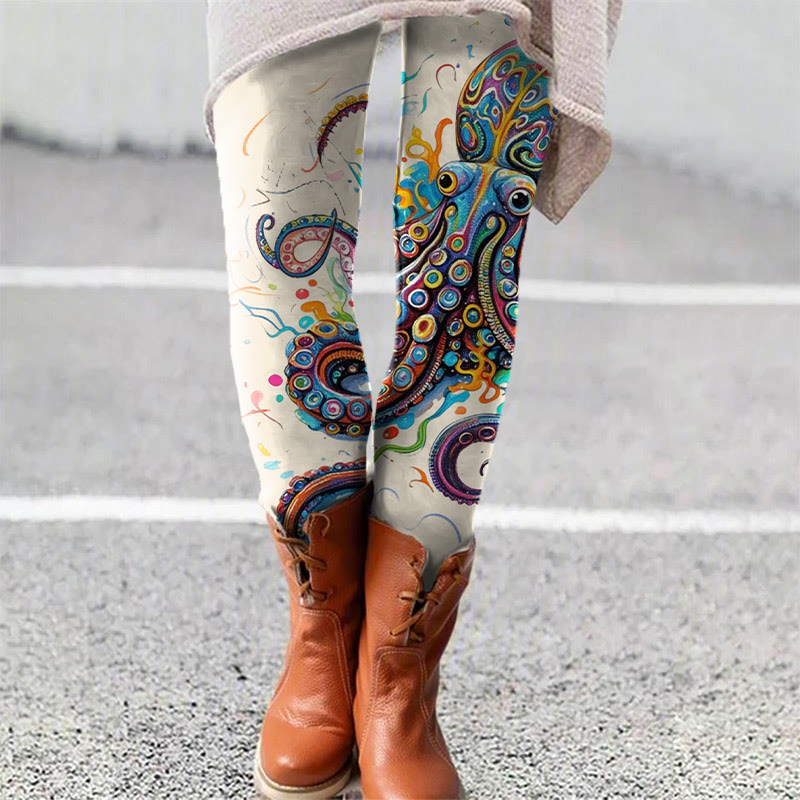 Vintage Rainbow Octopus Art Print Leggings - Apricot - 5XL - image 1