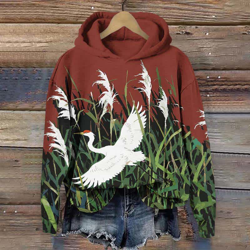 Japanese White Crane Flying Across Reed Marsh Print Long Sleeve Hoodie - Red - US44-46(8XL) - image 2
