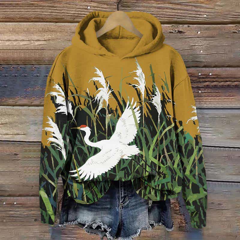 Japanese White Crane Flying Across Reed Marsh Print Long Sleeve Hoodie - Yellow - US44-46(8XL) - image 1