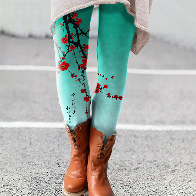 Japanese Vintage Plum Blossom Art Print Leggings - Lake Blue - 5XL - image 2