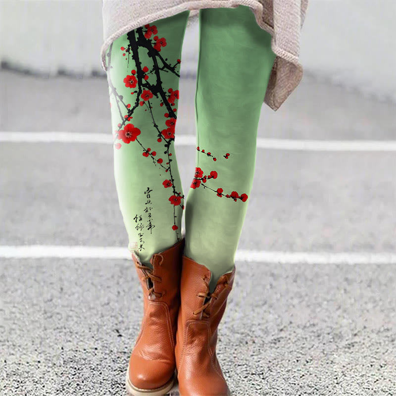 Japanese Vintage Plum Blossom Art Print Leggings - Green - 5XL - image 1