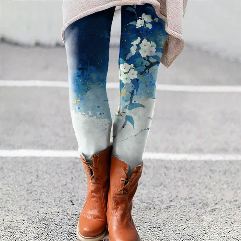 Japanese Ink Splash Sakura Art Print Leggings - Blue - 5XL - image 1