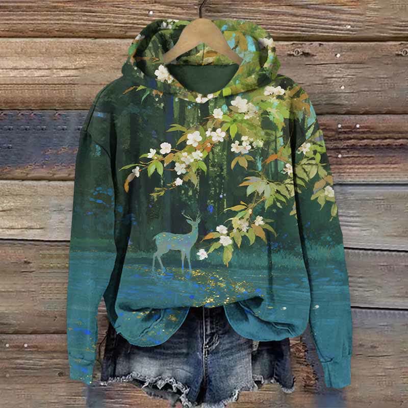Japanese Watercolor Forest Deer Art Print Long Sleeve Hoodie - Green - US44-46(8XL) - image 1
