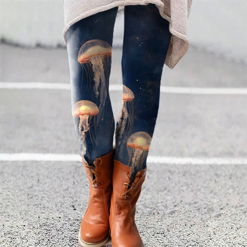 Vintage Lovely Orange Jellyfish Art Print Leggings - Dark Blue - 5XL - image 1