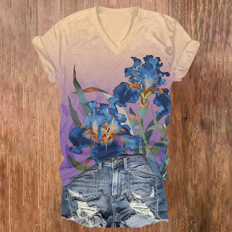 Japanese Vintage Van Gogh Iris Floral Print V-neck T-shirt - Purple - US32-34(5XL) - image 1