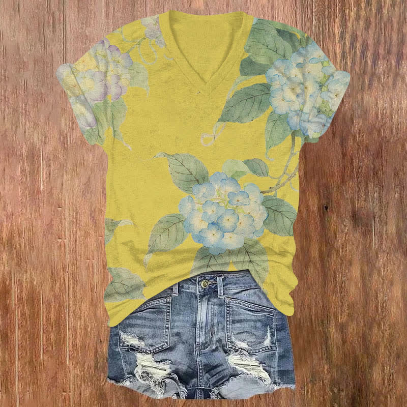 Japanese Watercolor Hydrangea Art Print V-neck T-shirt - Yellow - US32-34(5XL) - image 1
