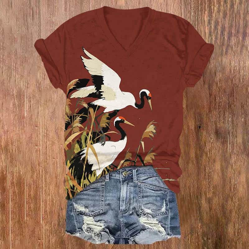 Japanese Oil Painting White Crane Art Print V-neck T-shirt - Red - US32-34(5XL) - image 2