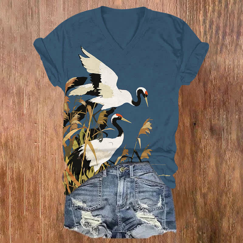 Japanese Oil Painting White Crane Art Print V-neck T-shirt - Blue - US32-34(5XL) - image 1