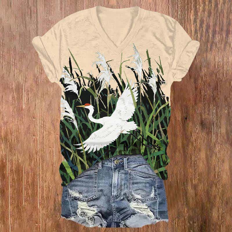 Japanese White Crane Flying Across Reed Marsh Print V-neck T-shirt - Apricot - US32-34(5XL) - image 1