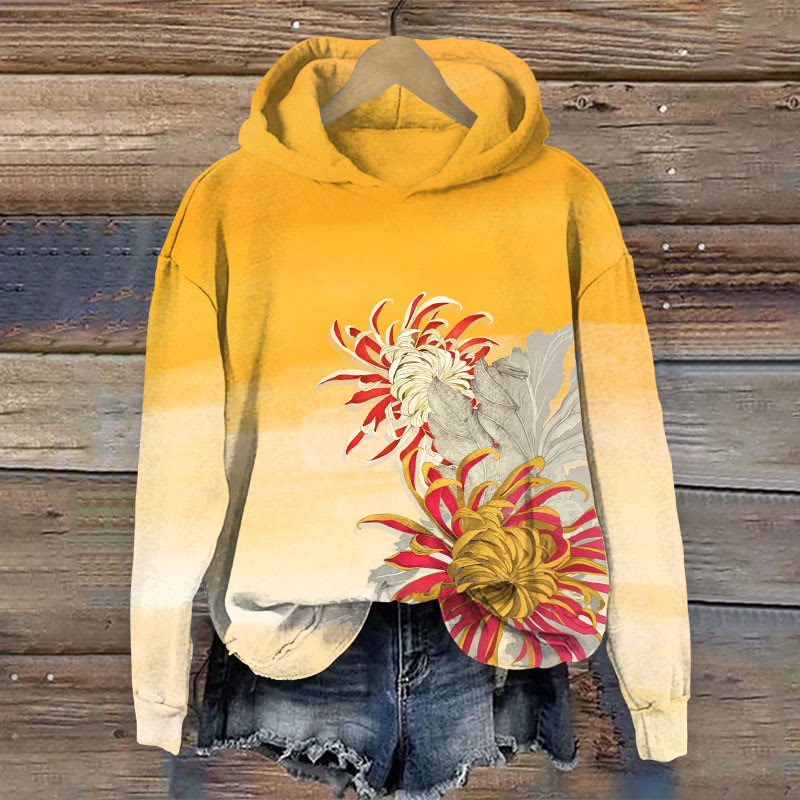 Floral Print Long Sleeve Hoodie - Yellow - US44-46(8XL) - image 1