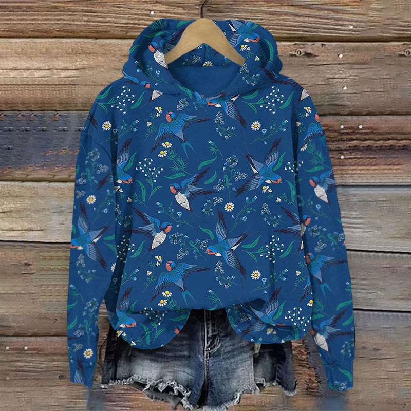 Birds & Floral Print Long Sleeve Hoodie - Navy Blue - US44-46(8XL) - image 1