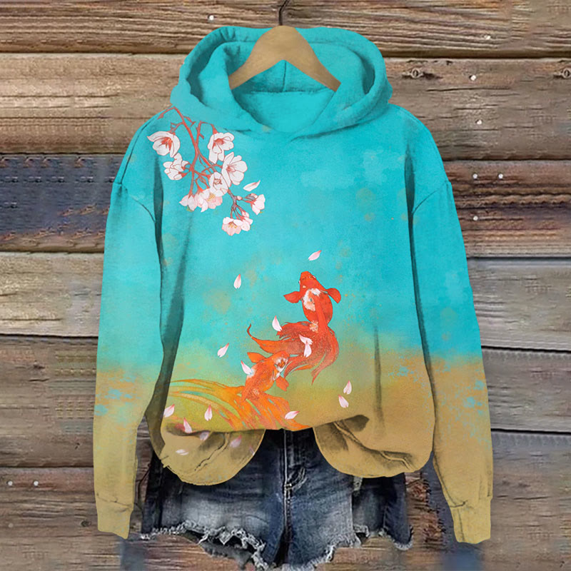 Colorblock Fish With Floral Print Long Sleeve Hoodie - Multicolor - US44-46(8XL) - image 1