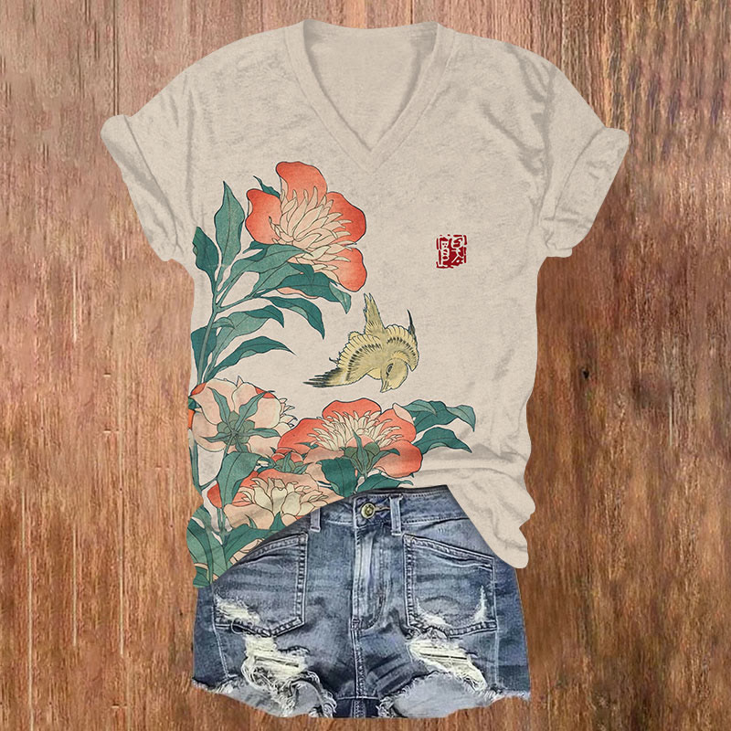 Flower Print v-neck T-Shirt - Apricot - US32-34(5XL) - image 3