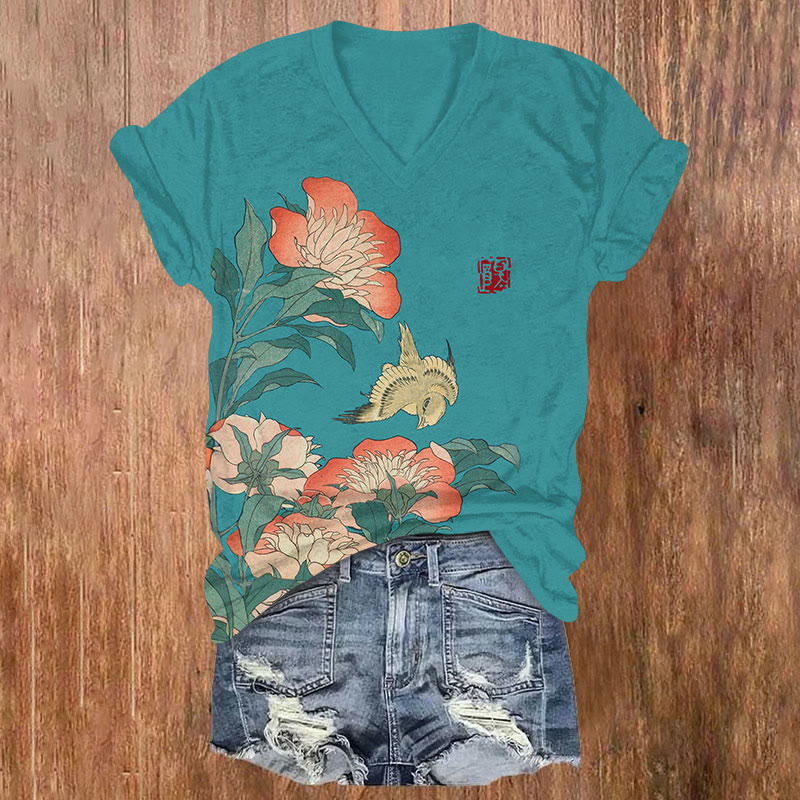 Flower Print v-neck T-Shirt - Green - US32-34(5XL) - image 2