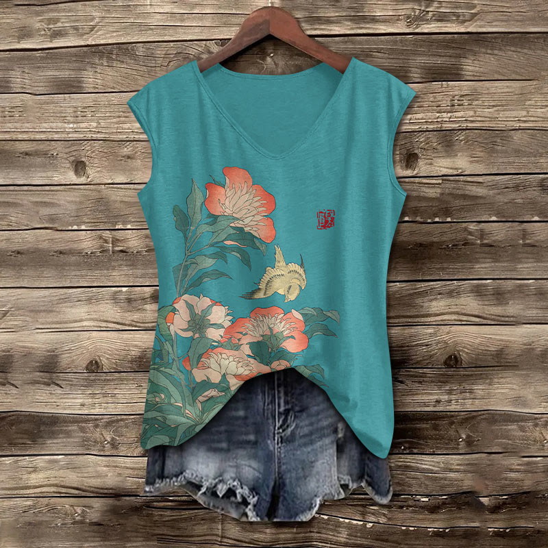 Flower Print V-neck Tank Top - Green - 5XL - image 3