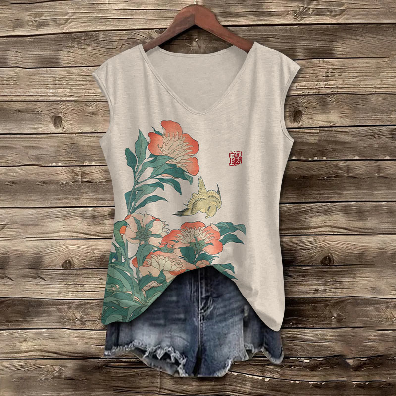 Flower Print V-neck Tank Top - Apricot - 5XL - image 2