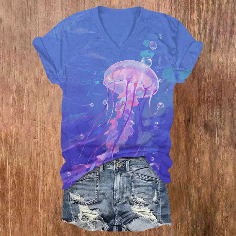 Vintage Lovely Bubble Jellyfish Art Print V-neck T-shirt - Purple - US32-34(5XL) - image 2