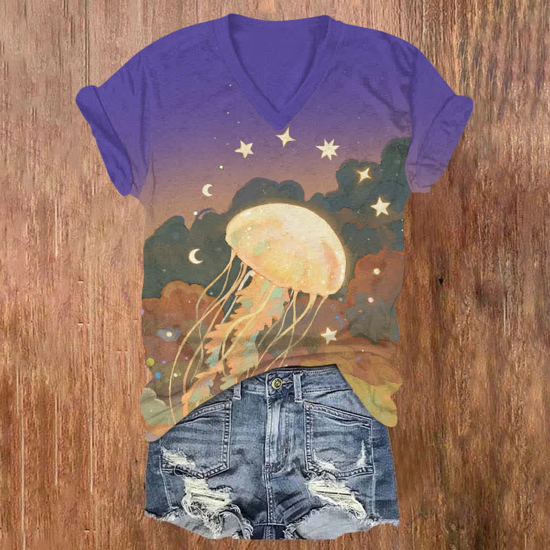 Oil Painting Star & Moon Around Jellyfish Print V-neck T-shirt - Purple - US32-34(5XL) - image 2