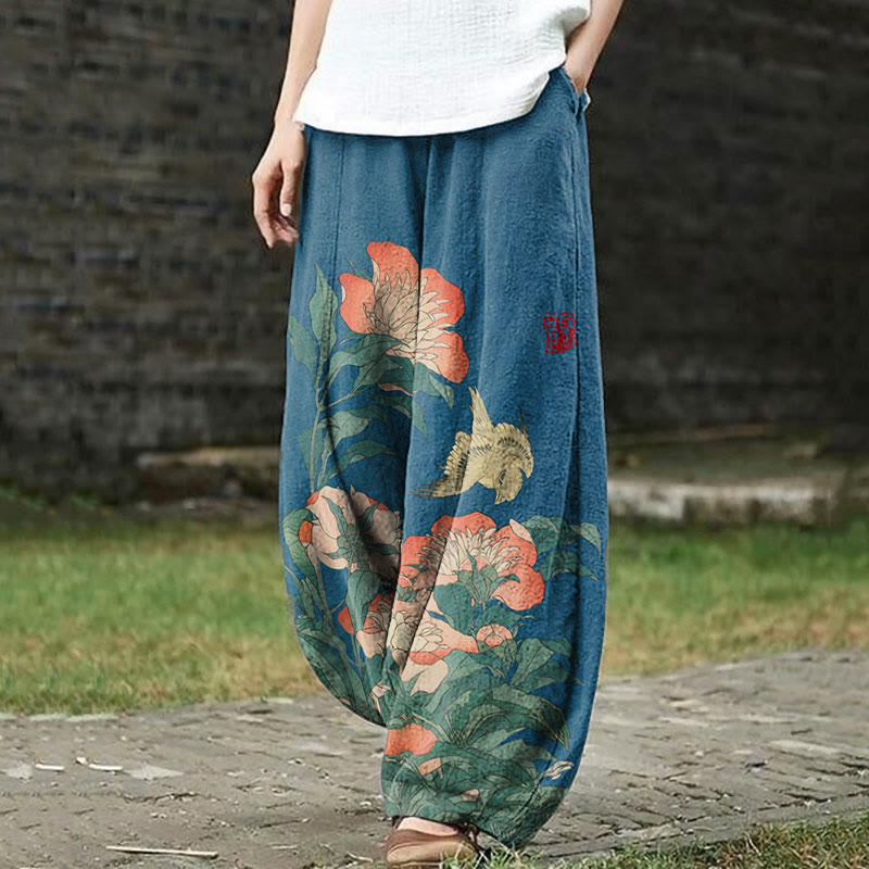 Flower Print Casual Pants - Lake Blue - 5XL - image 2