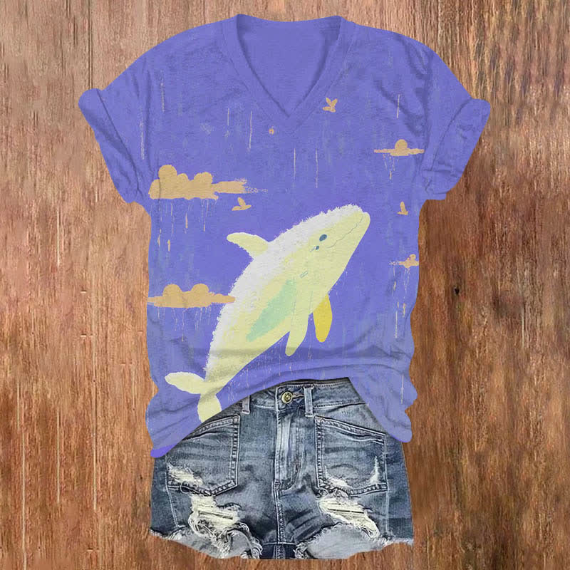 Cartoon Cute Whale In The Sky Art Print V-neck T-shirt - Purple - US32-34(5XL) - image 2