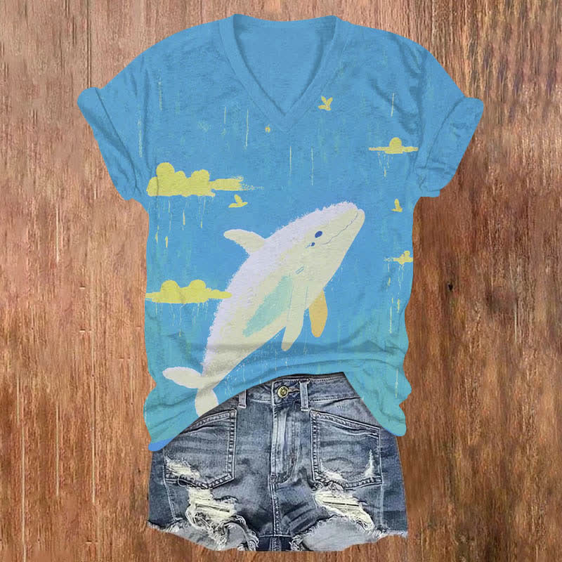 Cartoon Cute Whale In The Sky Art Print V-neck T-shirt - Blue - US32-34(5XL) - image 1