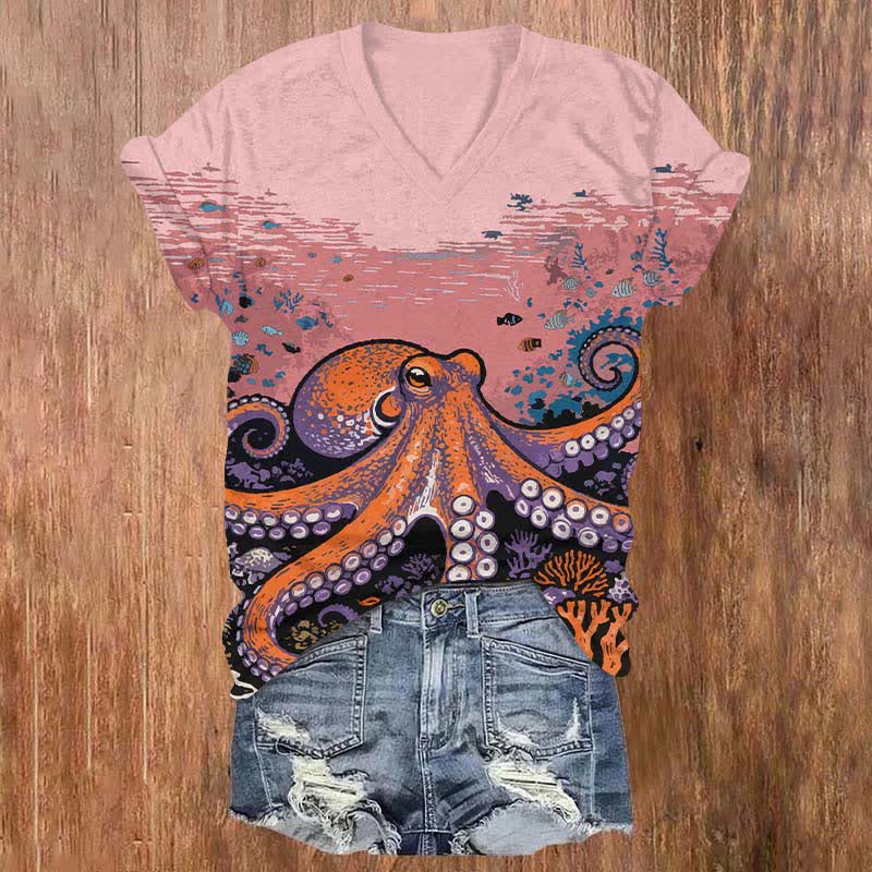Vintage Watercolor Underwater Octopus Art Print V-neck T-shirt - Pink - US32-34(5XL) - image 2