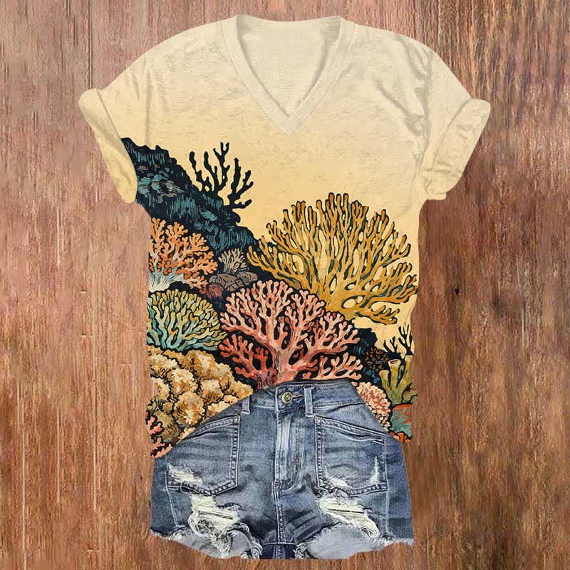 Vintage Ocean Watercolor Coral Art Print V-neck T-shirt - Yellow - US32-34(5XL) - image 2