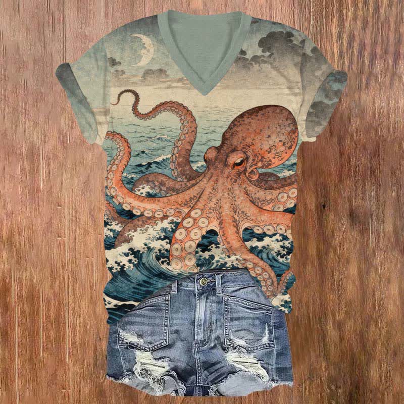 Vintage Giant Octopus On The Ocean Art Print V-neck T-shirt - Grey - US32-34(5XL) - image 1