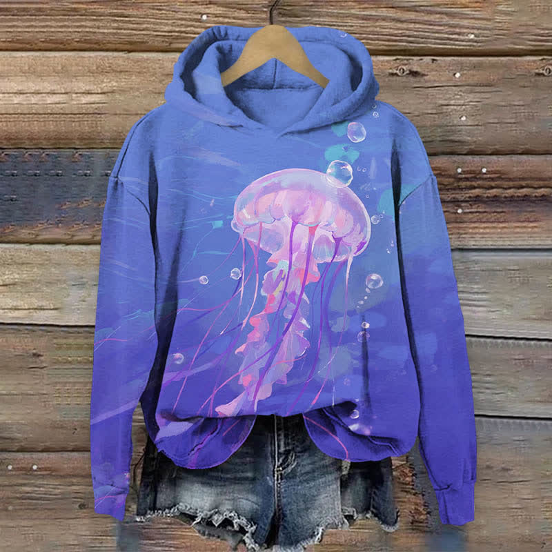 Vintage Lovely Bubble Jellyfish Art	print Long Sleeve Hoodie - Purple - US44-46(8XL) - image 1