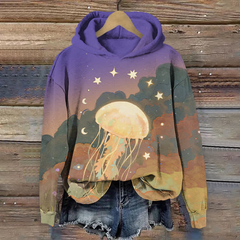 Oil Painting Star & Moon Around Jellyfish Print Long Sleeve Hoodie - Purple - US44-46(8XL) - image 2