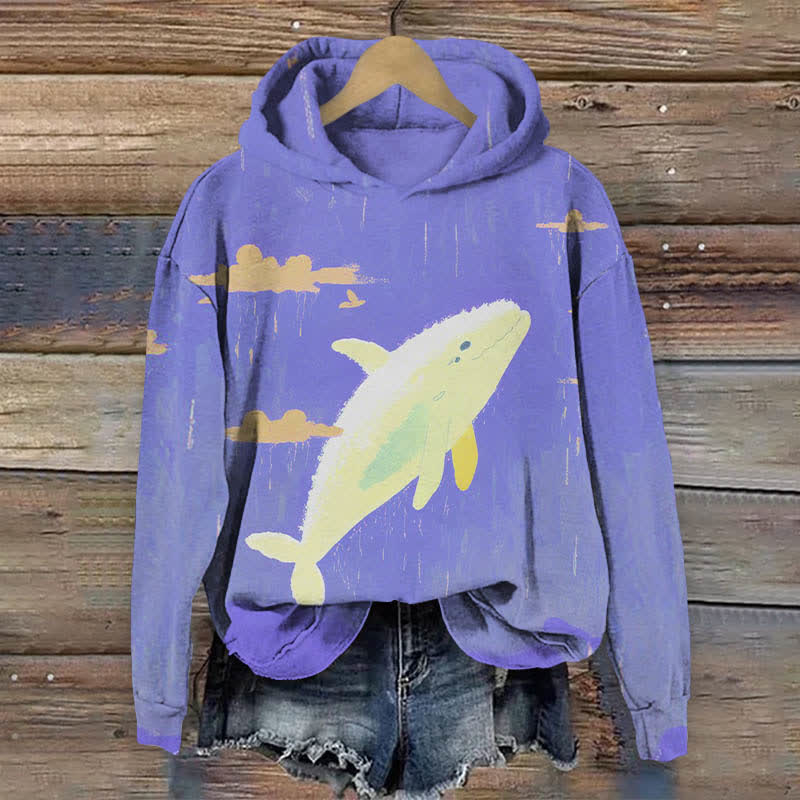 Cartoon Cute Whale In The Sky Art Print Long Sleeve Hoodie - Purple - US44-46(8XL) - image 2