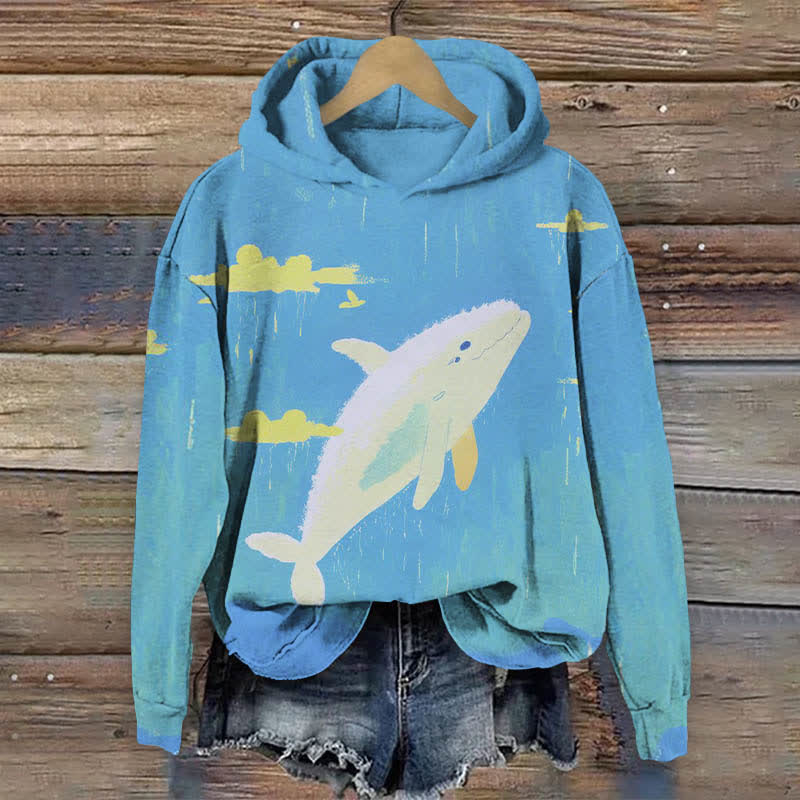 Cartoon Cute Whale In The Sky Art Print Long Sleeve Hoodie - Blue - US44-46(8XL) - image 1