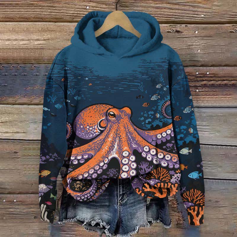 Vintage Watercolor Underwater Octopus Art Print Long Sleeve Hoodie - Blue - US44-46(8XL) - image 2