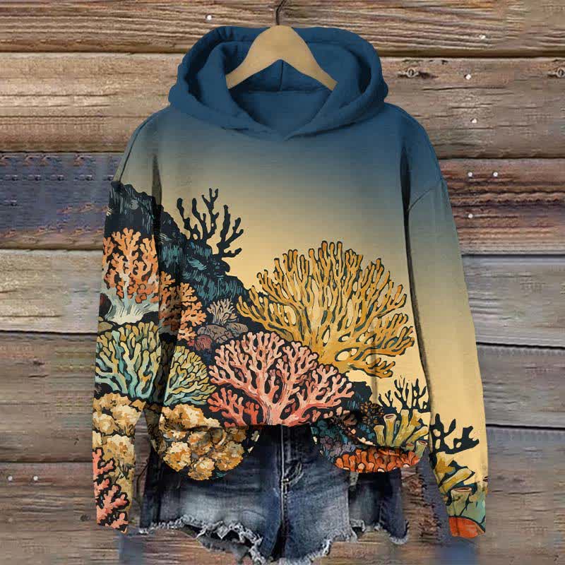 Vintage Ocean Watercolor Coral Art Print Long Sleeve Hoodie - Blue - US44-46(8XL) - image 2