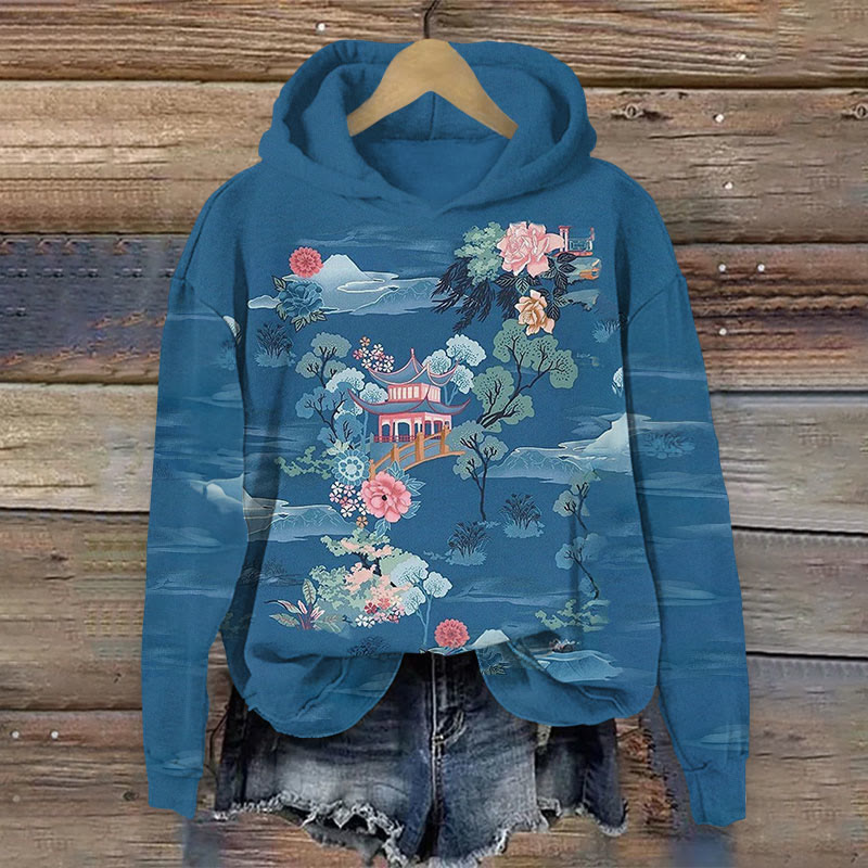 Flower Print Long Sleeve Hoodie - Dark Blue - US44-46(8XL) - image 1