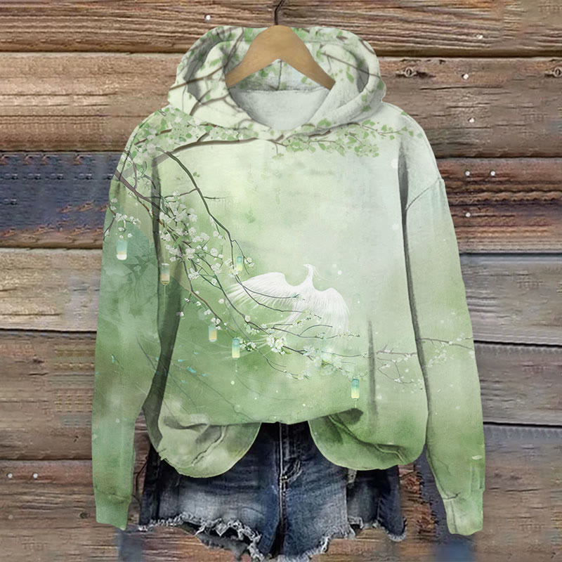 Watercolor Floral & Phoenix Print Long Sleeve Hoodie - Green - US44-46(8XL) - image 3