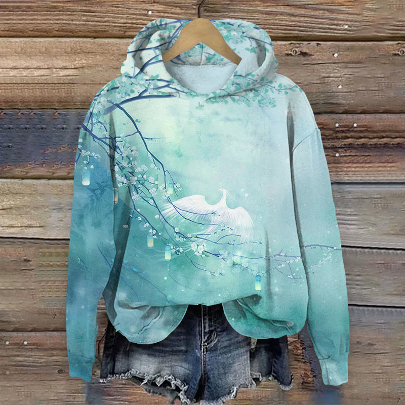 Watercolor Floral & Phoenix Print Long Sleeve Hoodie - Lake Blue - US44-46(8XL) - image 2