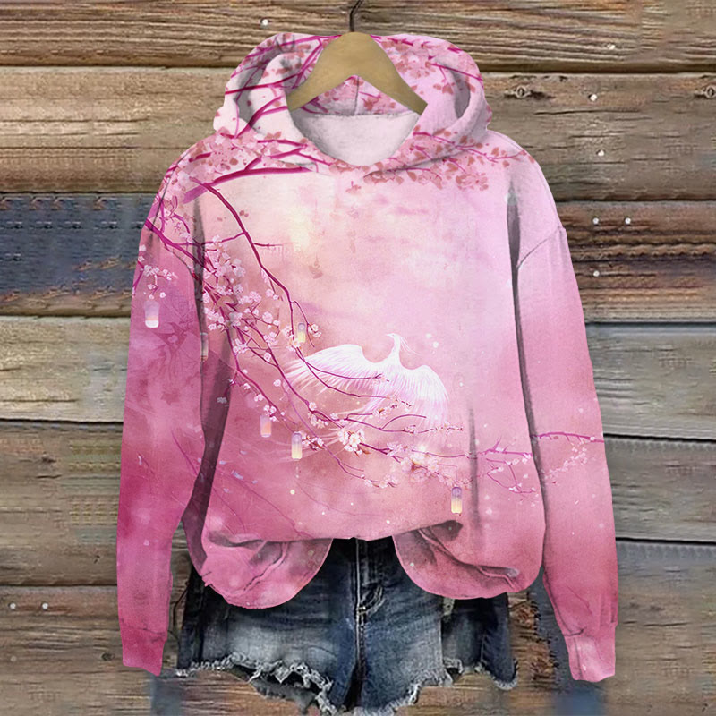 Watercolor Floral & Phoenix Print Long Sleeve Hoodie - Rose - US44-46(8XL) - image 1