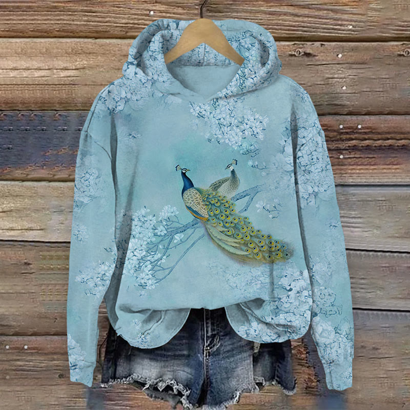 Floral & Peacock Print Long Sleeve Hoodie - Light Blue - US44-46(8XL) - image 2