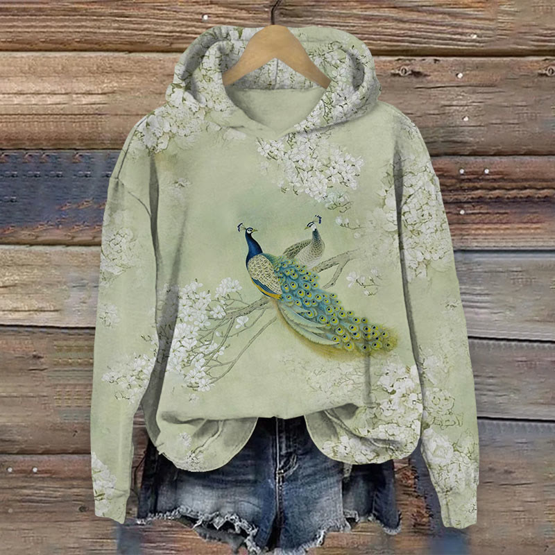 Floral & Peacock Print Long Sleeve Hoodie - Light Green - US44-46(8XL) - image 1