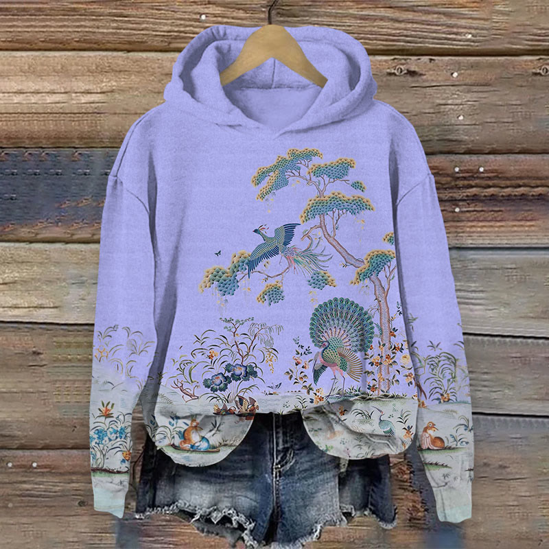 Peacock & Flower Print Long Sleeve Hoodie - Purple - US44-46(8XL) - image 2