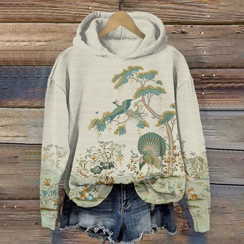 Peacock & Flower Print Long Sleeve Hoodie - Light Green - US44-46(8XL) - image 1