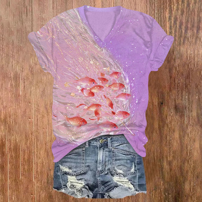 Multi Fish Flower Print V-neck T-shirt - Purple - US32-34(5XL) - image 1
