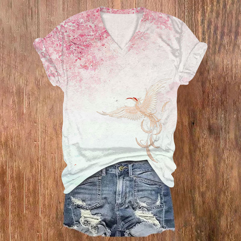  Phoenix & Flower Print V-neck T-shirt - Multicolor - US32-34(5XL) - image 1