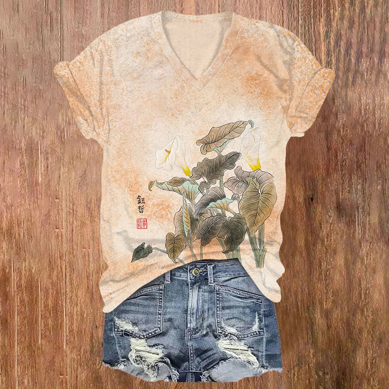  Flower Print V-neck T-shirt - Orange - US32-34(5XL) - image 2