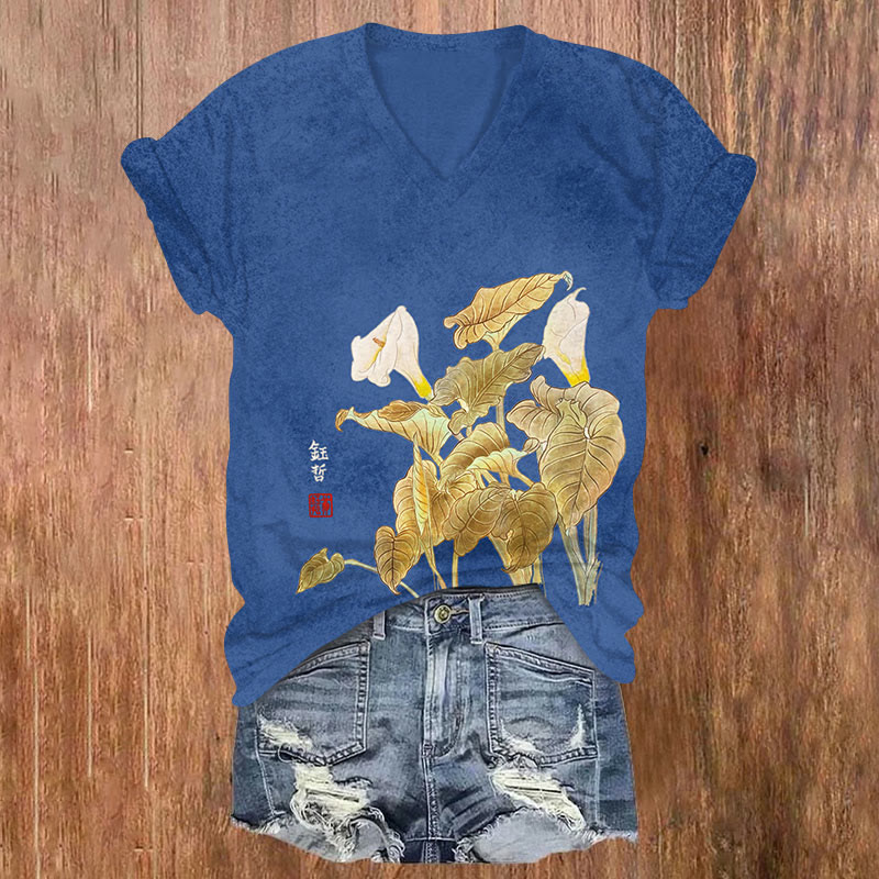  Flower Print V-neck T-shirt - Blue - US32-34(5XL) - image 1
