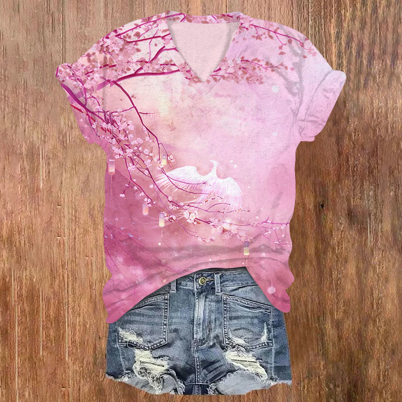 Phoenix & Flower Print v-neck T-Shirt - Rose - US32-34(5XL) - image 1