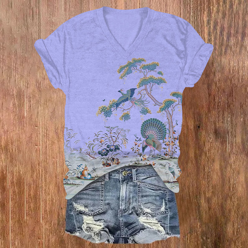 Peacock & Flower Print V-neck T-shirt - Purple - US32-34(5XL) - image 2