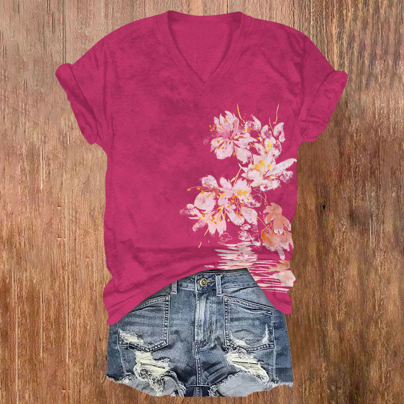 Watercolor Floral Print V-neck T-shirt - Rose - US32-34(5XL) - image 2